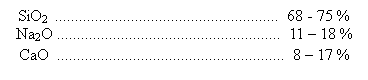 Cuadro de texto: SiO2  ........................................................  68 - 75 %
Na2O ........................................................  11  18 %
CaO  .........................................................  8  17 %
